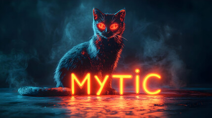 3D Glowing Abstract Black Cat with Mystic Text concept as A sleek glowing abstract digital art of a black cat with the word Mystic in an eerie glowing font. The scene is isolated on a dark background 