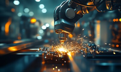 Poster - Robotic Arm Welding Parts in Industrial Factory with Bright Sparks and Conveyor Belts