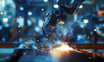 Poster - Robotic Arm Welding Parts in Industrial Factory with Bright Sparks and Conveyor Belts