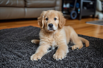 Wall Mural - a puppy laying on a rug on a wooden floor