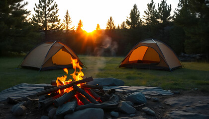 Wall Mural - A camping tent set up in a forest clearing, with a campfire burning in the foreground. The sun is setting in the background, casting an orange glow through the pine trees