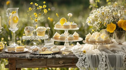 An elegant wooden textured table is adorned with lemon meringue cookies, lemon tarts