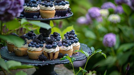 Wall Mural - Blueberry cookies and cupcakes arranged on a black platter