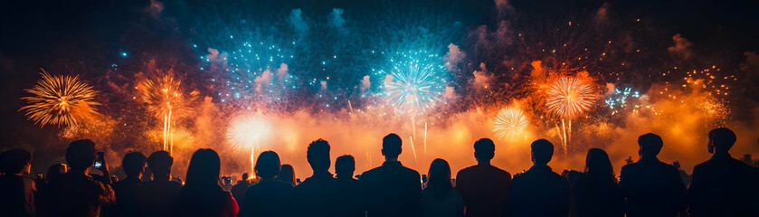 Candid Fireworks Display during Dussehra concept as A candid shot of people watching a grand fireworks display during Dussehra with their faces lit up in awe and excitement. The image captures the joy