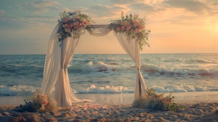 A beautiful beach wedding at dusk, with an elegant arch decorated with flowers