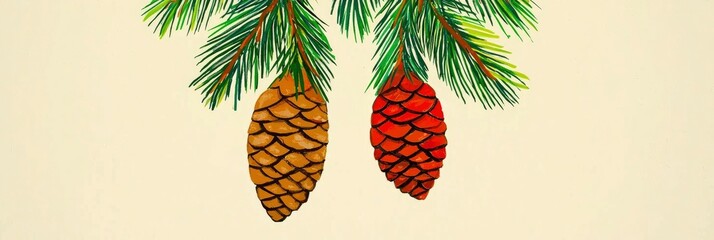 Canvas Print - Watercolor Illustration of Two Pine Cones Hanging from Branches