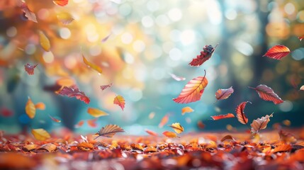 Poster - A beautiful autumn scene with leaves falling from trees