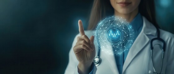 A doctor in a lab coat is pointing at a computer screen with a blue heart
