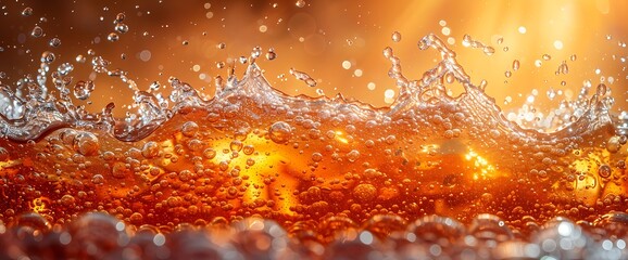 Sticker - Close-up of sparkling orange liquid with splashes and bubbles.