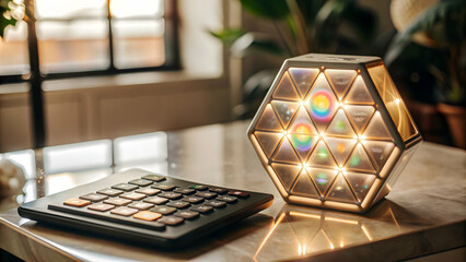 3D Holographic calculator with Labh Pancham symbol and copy space concept as A floating holographic calculator displaying the Labh Pancham symbol on its glossy surface isolated against a white backgro