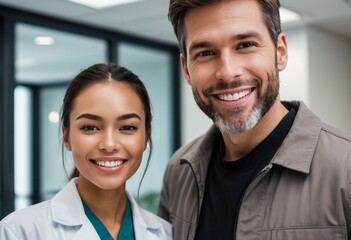 A cheerful male patient and a female doctor smile together in a modern hospital, highlighting a positive and supportive healthcare experience. The scene emphasizes trust and care in the medical field.