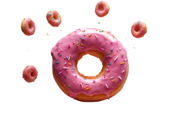 Donut glazed with pink icing and sprinkles floating in air on a transparent background Flying doughnuts