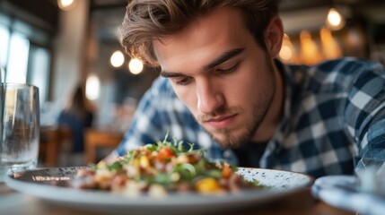 Savoring the Moment: A young man gazes intently at his meal, capturing the anticipation and delight of a culinary experience.