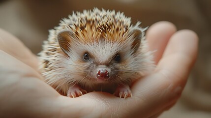 A small hedgehog with brown and white spines sits in a person's hand.