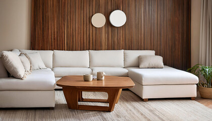 Natural light wood coffee table in front of white sectional couch dark wooden paneling wall modern interior