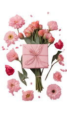 Poster - Happy mothers day composition with gift box and bouquet of flowers on pink background Flat lay top view isolated on transparent background