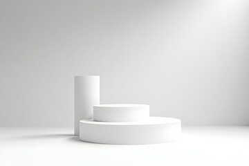 Wall Mural - Empty podium or pedestal display on white background with cylinder stand concept. Blank product shelf standing backdrop. 3D rendering.