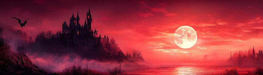 Wall Mural - Glossy Vampire Castle Background at Dusk concept as A glossy background featuring a vampire castle perched on a hill with a glowing red sky at dusk. The scene is perfect for setting a spooky yet elega