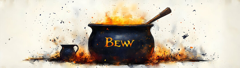 Witchs Cauldron with Brew Text concept as An isolated vector featuring a bubbling witchs cauldron with the word Brew in a mystical font. The elements are set against a white background perfect for des