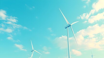 Poster - closeup of a modern wind farm with multiple turbines generating clean and renewable energy against a
