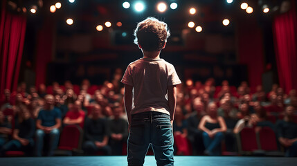 Poster - Cute little boy on stage ready for performance back view. Audience looking at the child in theatre