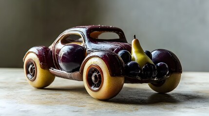 Poster - Surreal and creative digital composite image of a classic car silhouette shaped from a pear with wheels made from plums set against a plain background with copy space