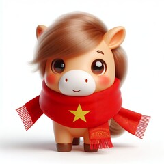 Wall Mural - cute 3d fluffy horse character with red Vietnamese scarf