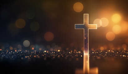 Warm tones holographic glowing Christian cross with copy space.