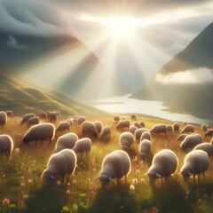 Wall Mural - Grassland sheep livestock outdoors.