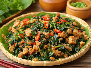 Wall Mural - A plate of food with meat and greens on a bamboo plate