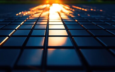 Poster - A stunning view of sunlight reflecting on a grid of tiles, creating a harmonious blend of light and shadow.