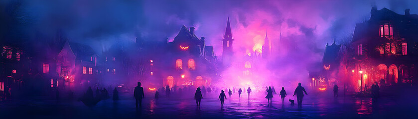 Wall Mural - Glowing Abstract Trick or Treating concept as A dynamic glowing abstract digital art depicting children trick or treating in a neon lit neighborhood. The scene captures the energy and excitement of Ha