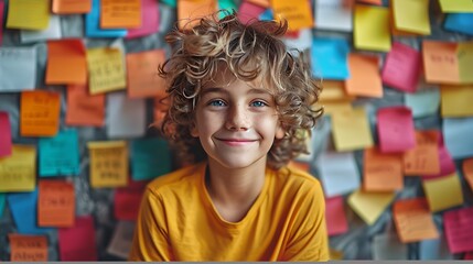 A young boy with curly hair smiles at the camera. He is sitting in front of a wall covered in colorful sticky notes.