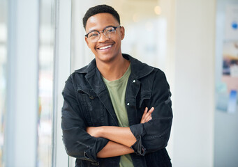 Poster - Businessman, happy and portrait with arms crossed in office for startup confidence, career pride and creative agency. Professional worker, entrepreneur and employee with smile at workplace and job