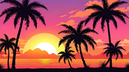 A retro 80s sunset with palm trees and bright colors