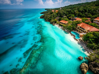 Wall Mural - A beautiful beach with a house on the shore. The water is blue and the sky is clear