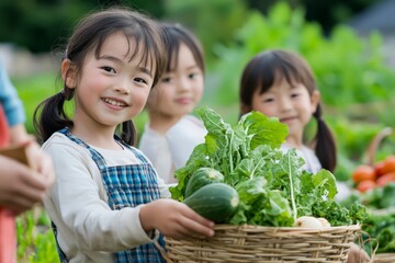 japanese families harvesting vegetables in a community garden, with hands holding baskets filled wit