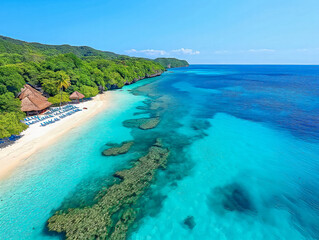 Wall Mural - A beautiful blue ocean with a sandy beach and palm trees in the background. The water is calm and clear, and the sky is bright and sunny