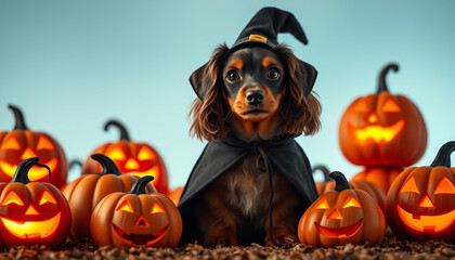 Wall Mural - cute dachshund in a cape and witch hat among orange pumpkins with glowing carved faces