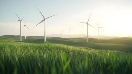 Poster - closeup of wind turbines in a picturesque rural landscape with clear skies and copy space for design