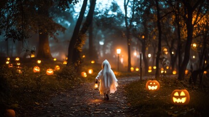 A child in a ghost costume holding a lantern walking through a foggy park at night glowing jack o lanterns lining the pathway