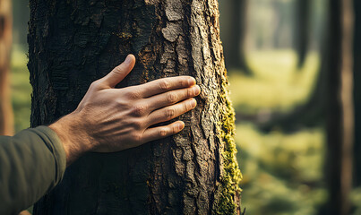 Sticker - Man hand touch the tree trunk. Bark wood.Caring for the environment. The ecology the concept of saving the world and love nature by human. Ecology and energy forest nature copy space