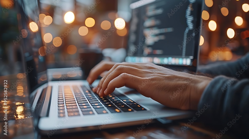 Detailed shot of hands coding on a laptop keyboard, screen displaying ...