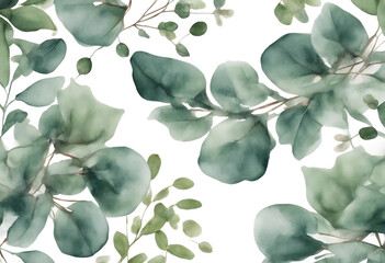 Poster - Watercolor banner with green eucalyptus leaves and branches isolated on transparent background Spring or summer flowers