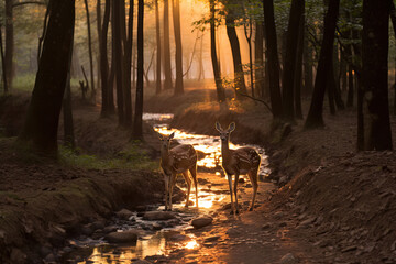 Two Deer Standing in a Forest Stream at Sunset