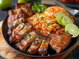 Wall Mural - A plate of meat and rice with lime wedges on the side. The plate is black and the food is brown