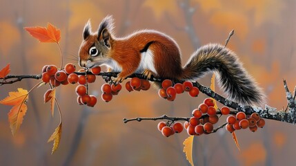 Canvas Print - A squirrel eating berries on a tree