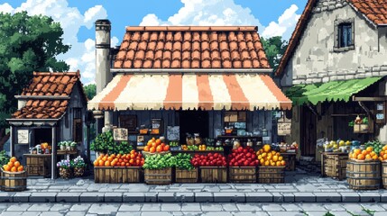 Retro Pixel Art Market Scene in 16-Bit Graphics with Copy Space for Text, Illustrating Classic Village Life in a Modern Style