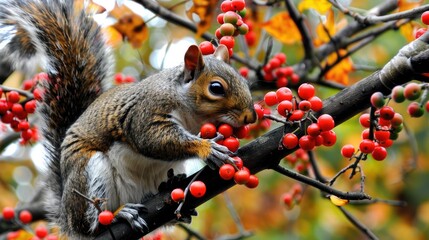 Canvas Print - A squirrel is eating red berries on the tree