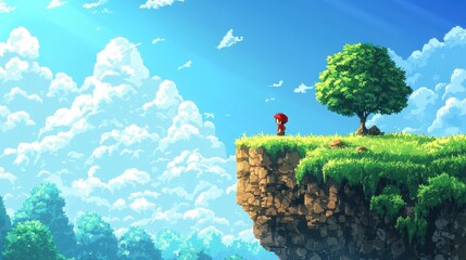 Wall Mural - Retro Pixelated Character on 16-Bit Hilltop - Nostalgic Adventure in Modern Design with Copy Space